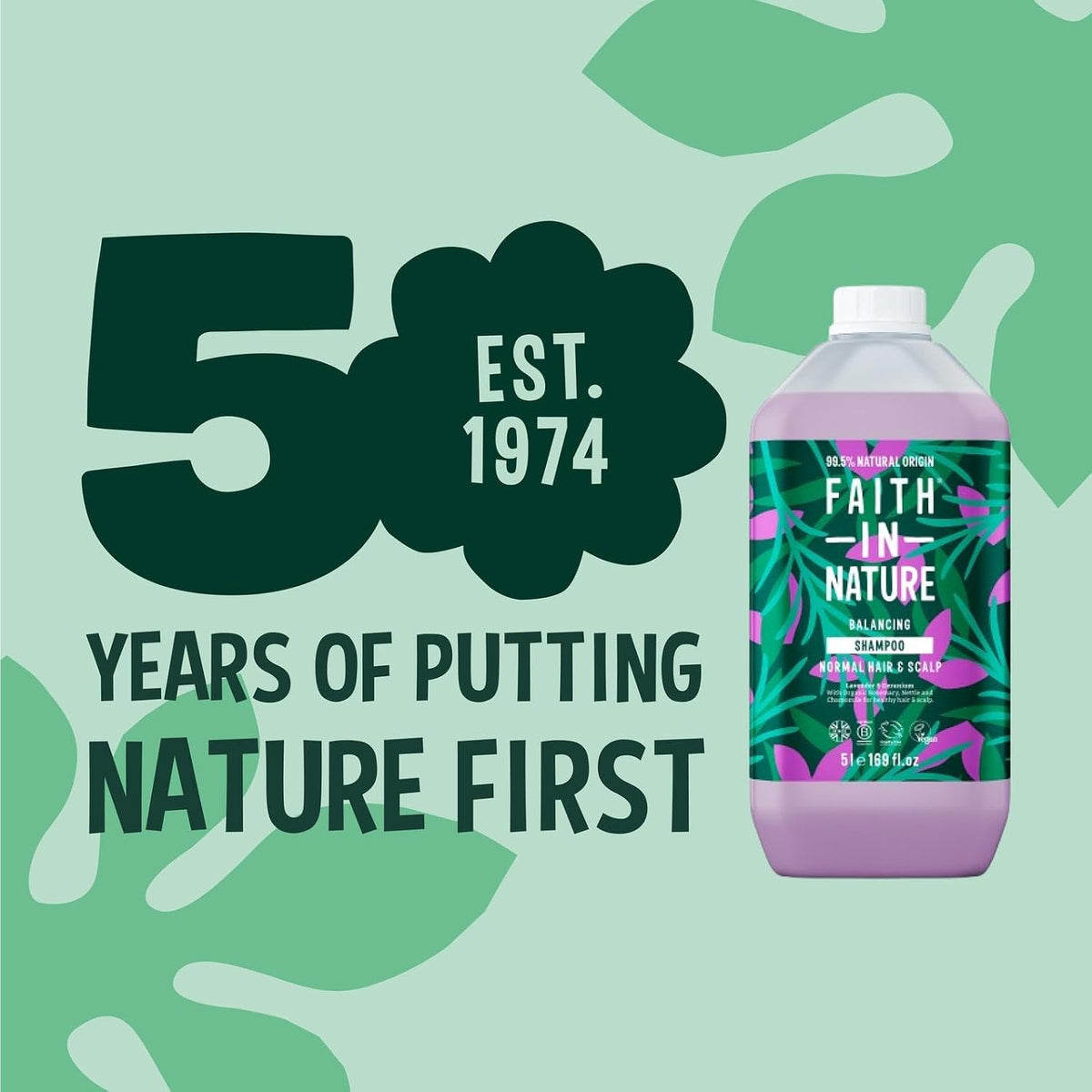 Faith In Nature Lavender & Geranium Balancing Shampoo Refill, 5 litre refill bottle packaging, lavender and geranium, 5L product information