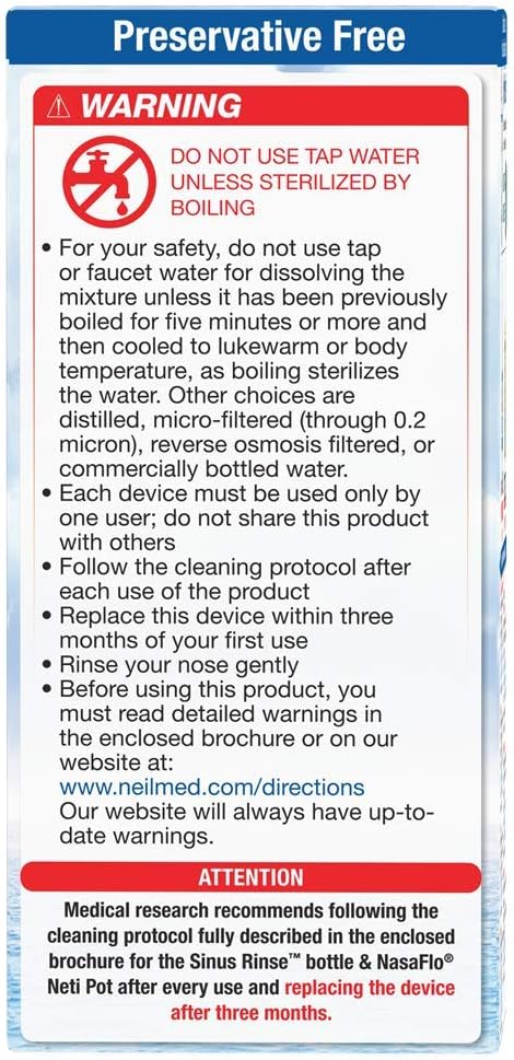 Instructions and ingredients for Neilmed saline nasal rinse packets.