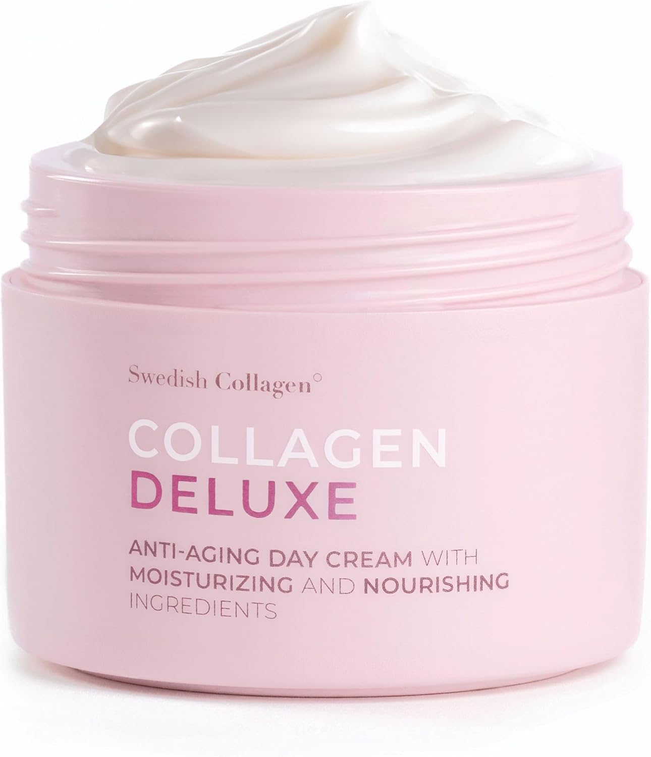 Pink jar of Swedish Collagen Collagen Deluxe anti-aging day cream on a white background
