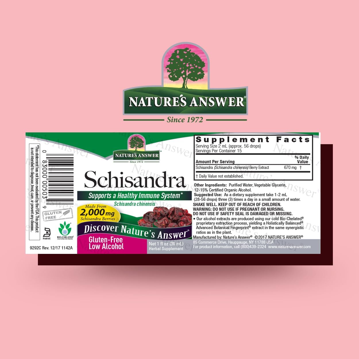 Nature's Answer Schisandra supplement label on a pink background