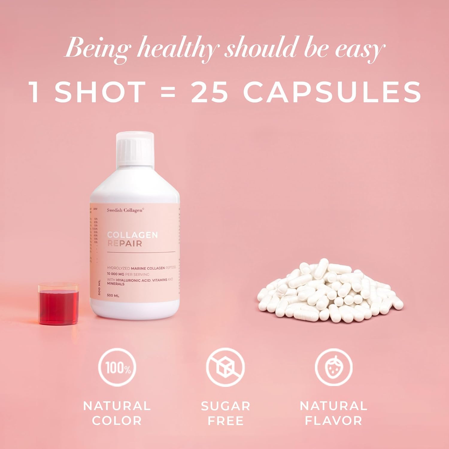 Collagen repair shot with capsules on a pink background, highlighting benefits like natural color, sugar-free, and natural flavor.