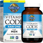 Garden of Life Vitamin Code Raw One for Men multivitamin bottle & box, 75-count vegetarian capsules.