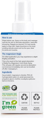 Label showing ingredients and details for BetterYou Magnesium Glucosamine Spray.