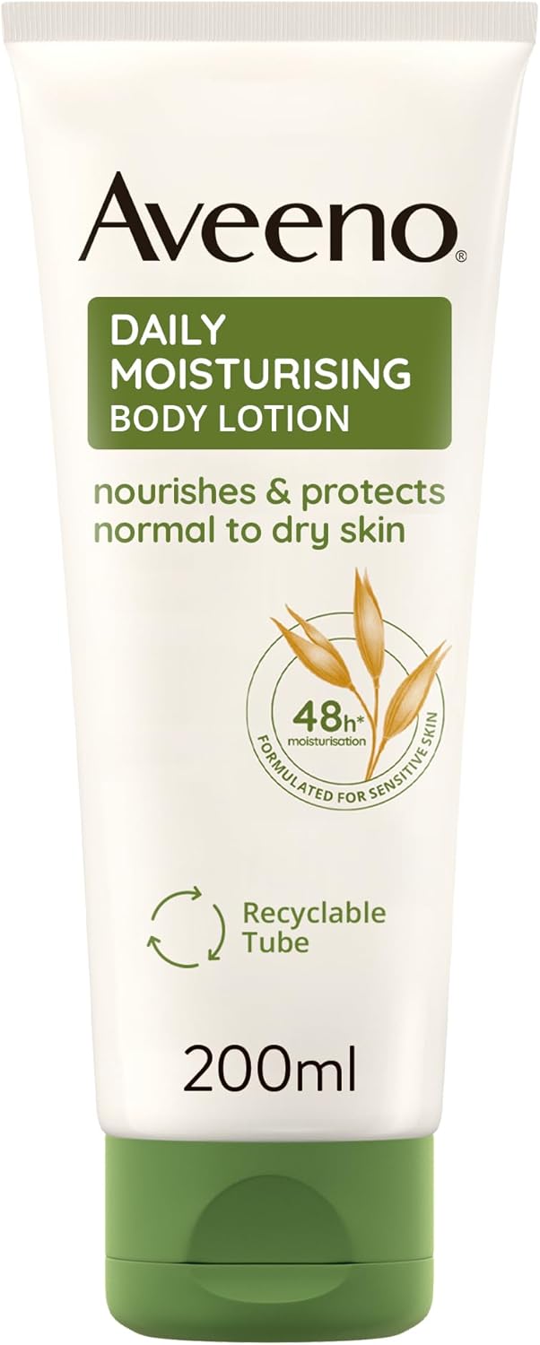 Aveeno Daily Moisturising Body Lotion bottle, 200ml, with Colloidal Oatmeal, shown on a simple background.