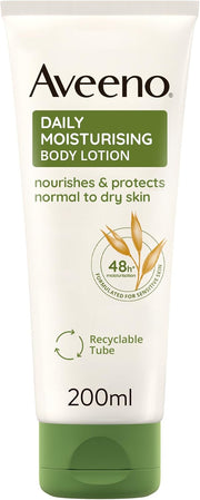 Aveeno Daily Moisturising Body Lotion bottle, 200ml, with Colloidal Oatmeal, shown on a simple background.