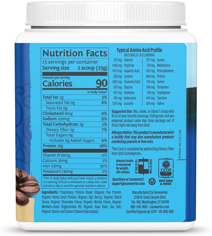 Back of Sunwarrior mocha protein powder showing organic ingredients.