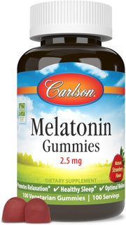 Front image: Carlson Melatonin gummies 2.5 mg strawberry vegetarian gummy 100 bottle