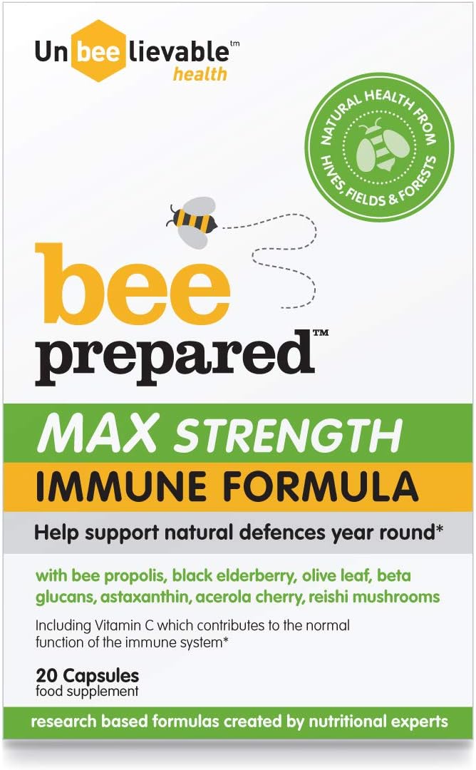 Unbeelievable Health Bee Prepared Immune Support supplement box, 20 capsules on a white background.