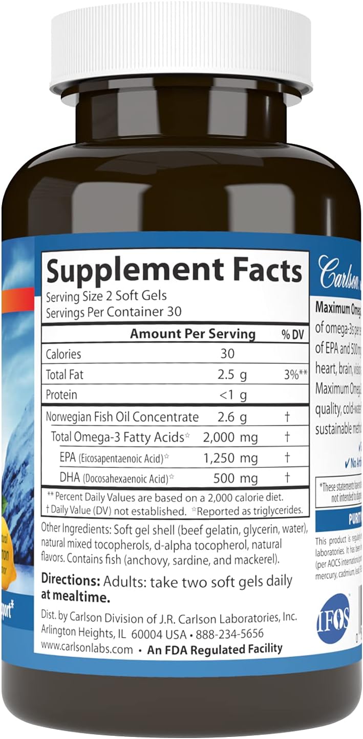 Supplement facts & ingredients image: Carlson Maximum Omega 2000 omega 3 EPA DHA supplement facts 60 softgels