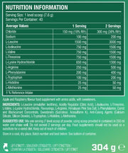 Supplement facts & ingredients image: XTEND EAA Amino Acids Powder Apple & Raspberry supplement facts ingredients tub powder 304g 40 servings