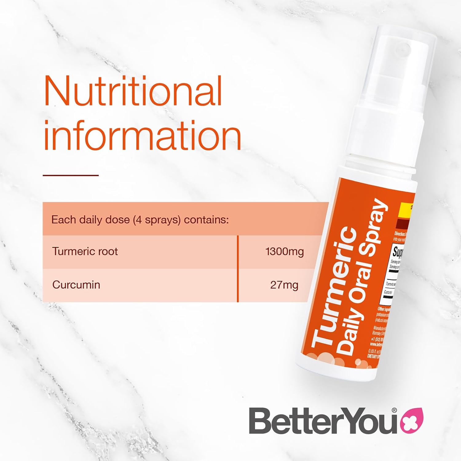 Supplement facts and ingredient list for BetterYou Turmeric Spray.