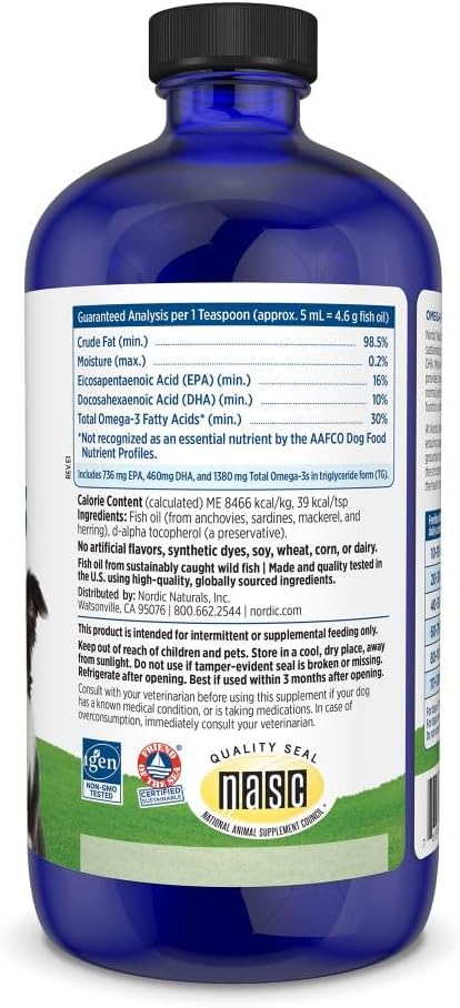 Supplement facts label and dosing guide for Nordic Naturals liquid pet supplement.