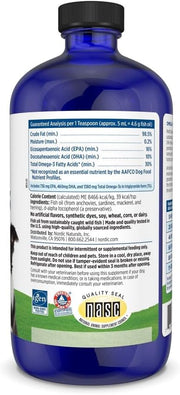 Supplement facts label and dosing guide for Nordic Naturals liquid pet supplement.