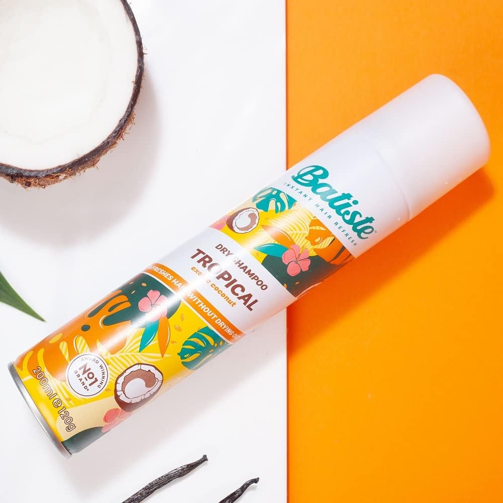 Batiste Dry Shampoo Tropical Exotic Coconut 200ml can, tropical design on white & yellow background.