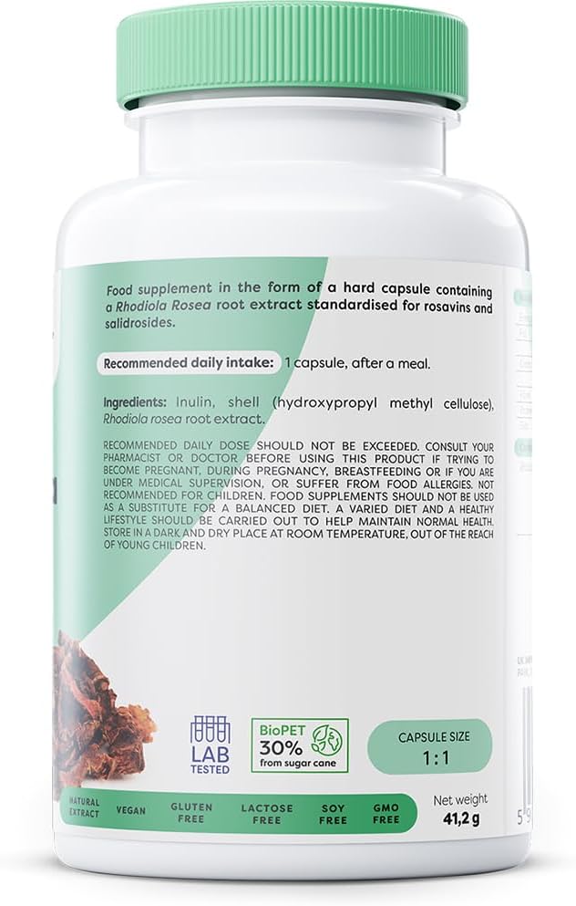 Supplement facts panel showing rosavin and salidroside standardization.