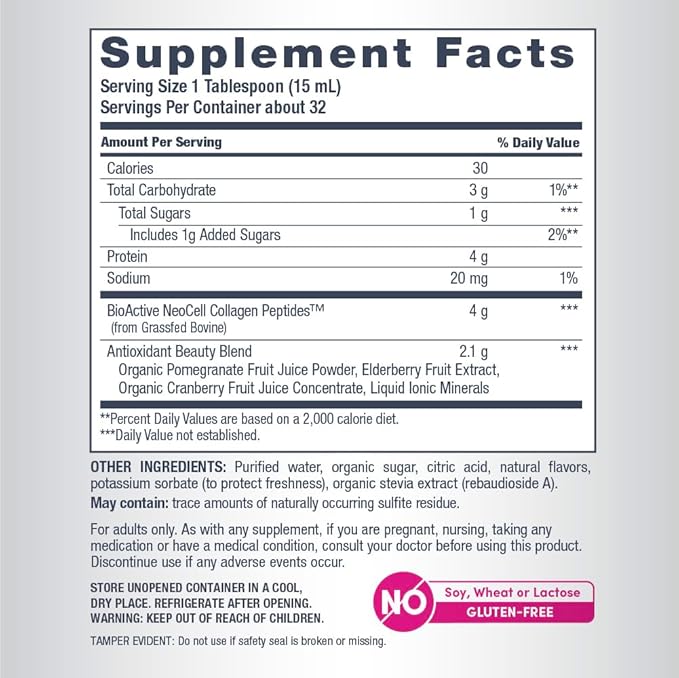 Supplement facts label for NeoCell liquid collagen supplement, 473ml bottle.