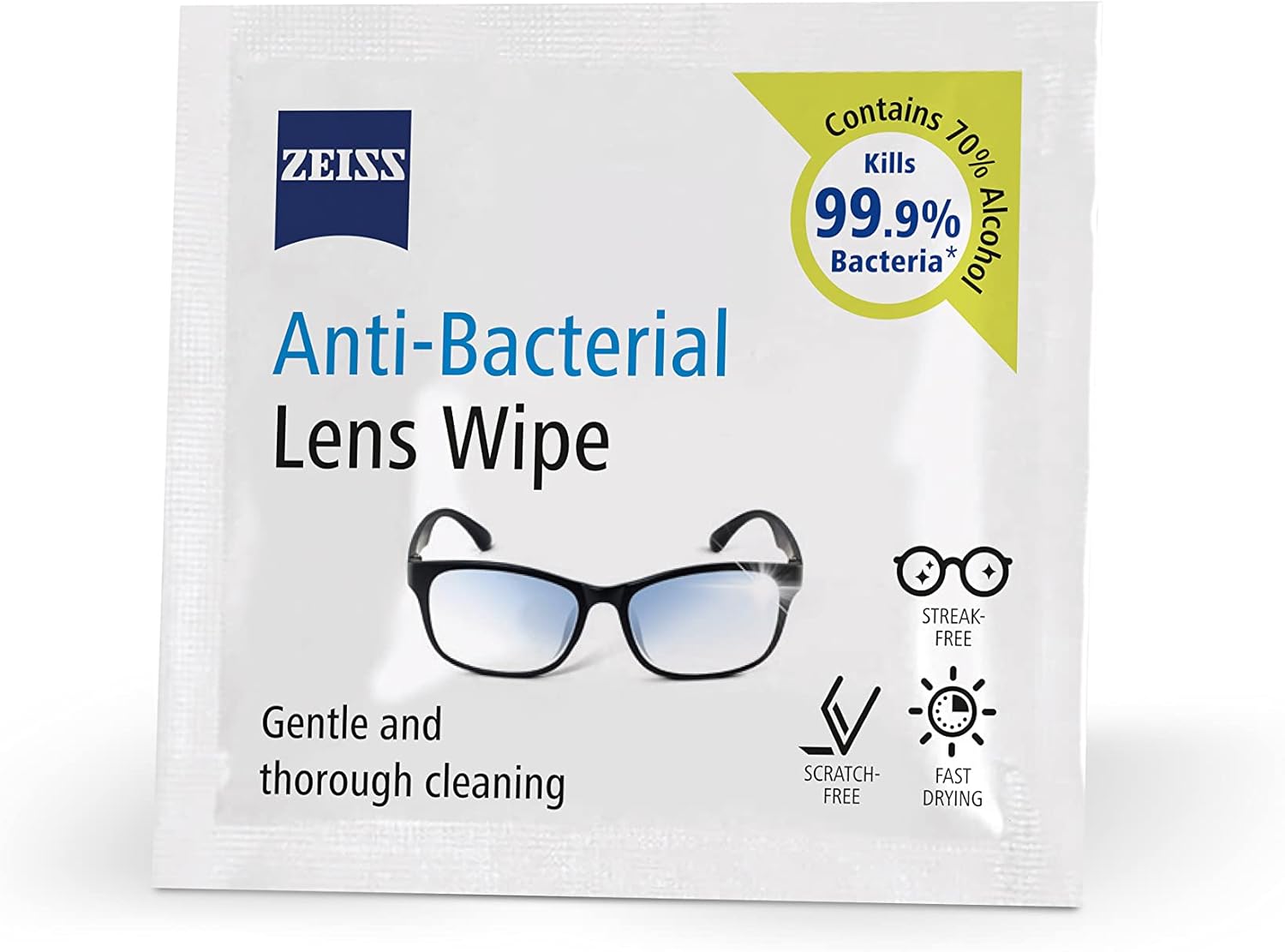 sachet showing a single ZEISS pre-moistened lens cleaning wipe.