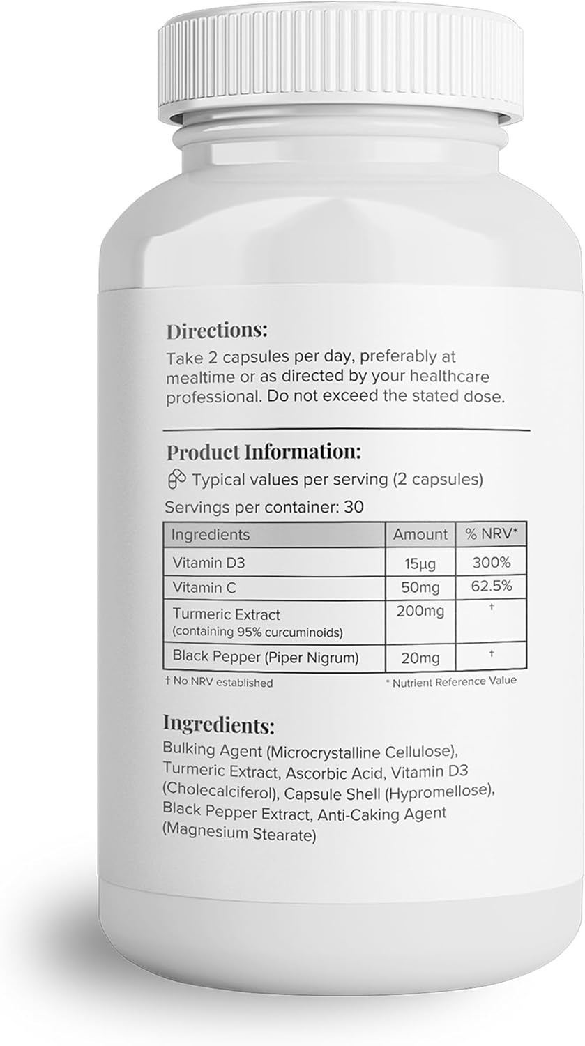 Supplement facts for Turmeric, Black Pepper, Vitamin C & D3 complex.