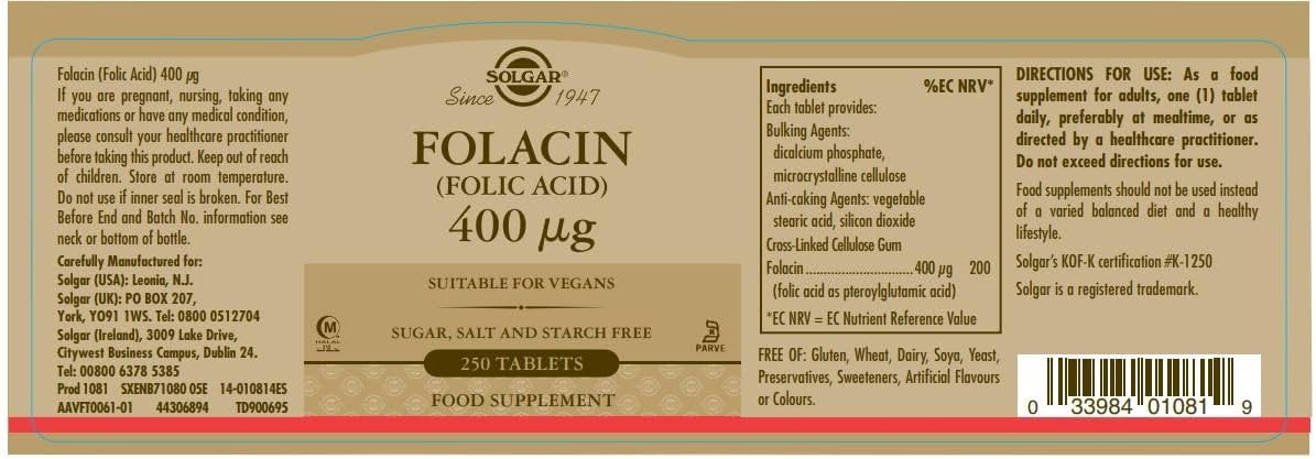 Solgar Folacin Folic Acid 400mcg 250 Tablets supplement facts and ingredients panel and barcode