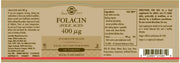 Solgar Folacin Folic Acid 400mcg 250 Tablets supplement facts and ingredients panel and barcode