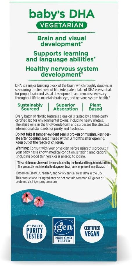 Dosage chart and supplement facts for infant vegan DHA oil.
