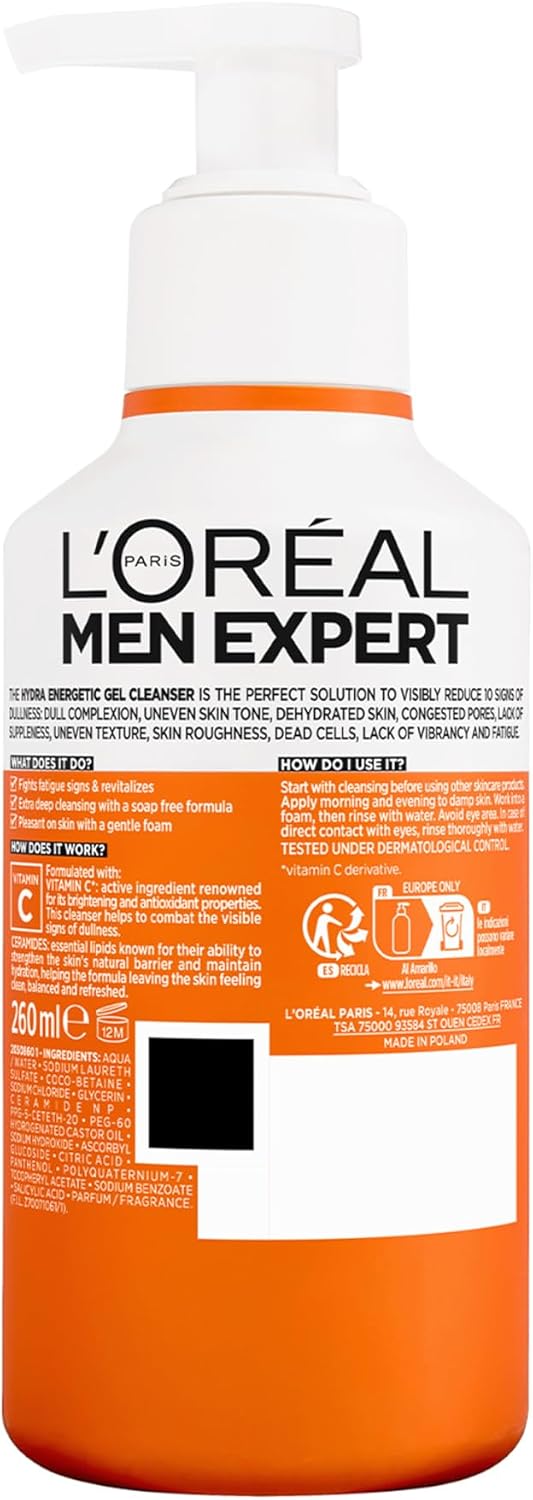 L'Oréal Men Expert Hydra Energetic Energising Gel Cleanser 260ml back packaging