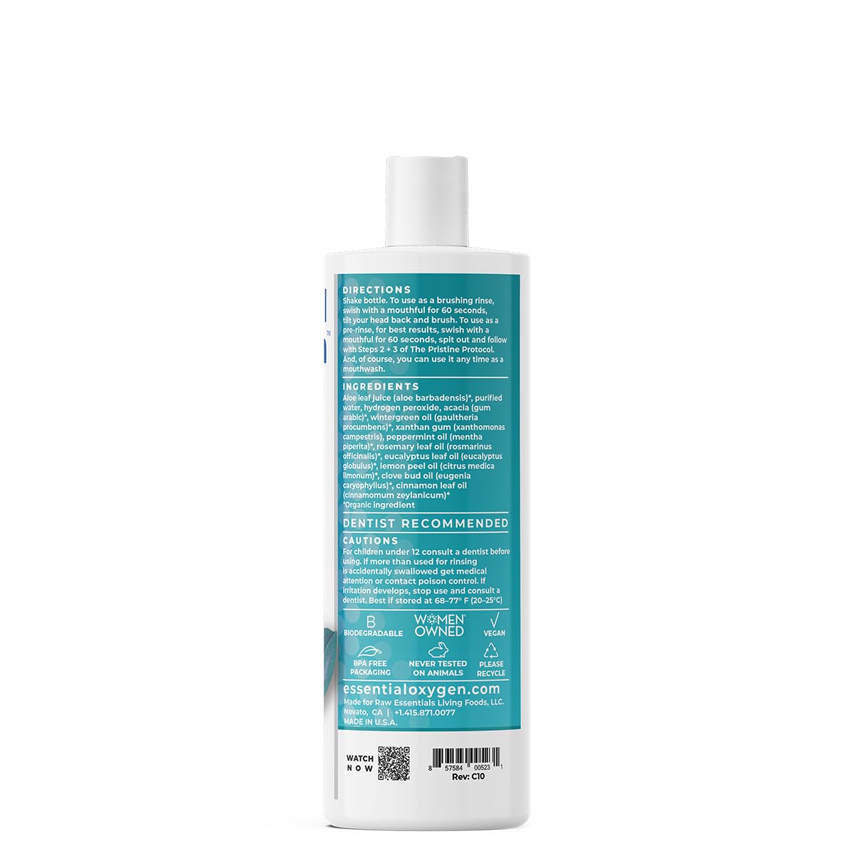 Essential Oxygen Organic Brushing Rinse showing ingredients and directions for use.