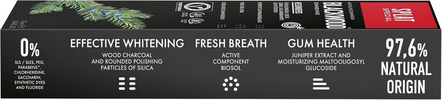 Ingredients list and certifications for SPLAT Blackwood Toothpaste.