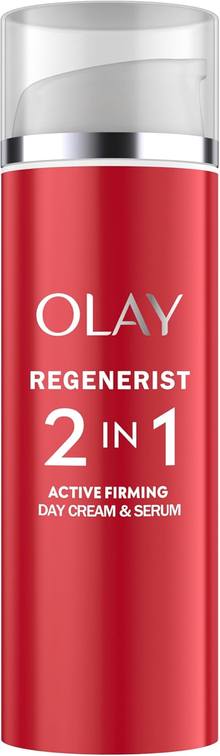 Olay Regenerist 2-in-1 Active Firming Day Serum Cream 50ml bottle, white and red packaging.