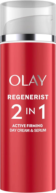 Olay Regenerist 2-in-1 Active Firming Day Serum Cream 50ml bottle, white and red packaging.