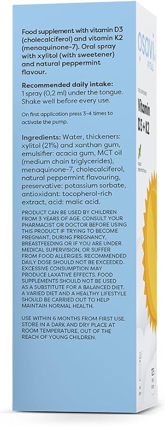 Supplement facts and directions for Osavi D3 K2 oral spray.
