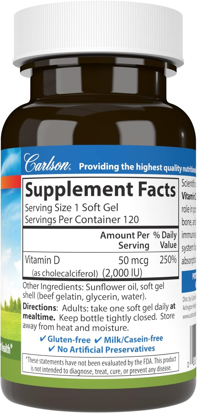Supplement facts & ingredients image: Carlson Vitamin D3 supplement facts cholecalciferol softgels 120 count