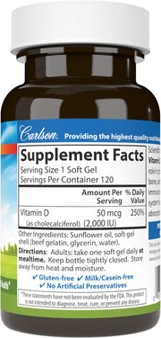 Supplement facts & ingredients image: Carlson Vitamin D3 supplement facts cholecalciferol softgels 120 count