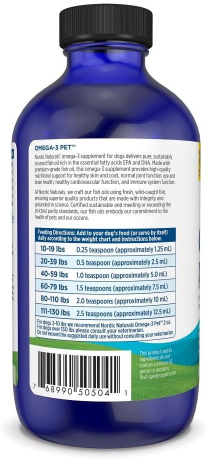 Supplement facts label and dosing guide for Nordic Naturals liquid pet supplement.