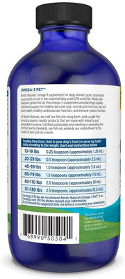 Supplement facts label and dosing guide for Nordic Naturals liquid pet supplement.