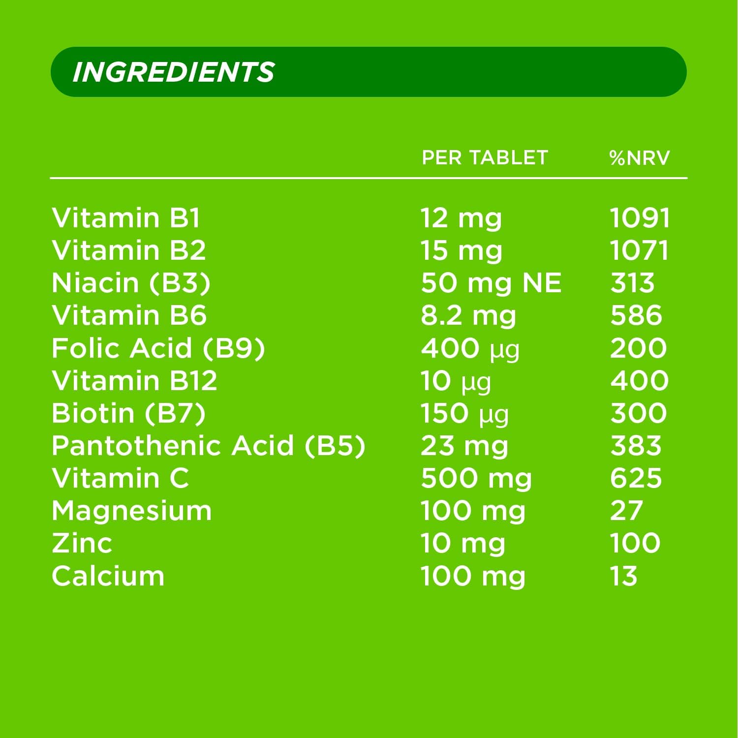 Nutritional information, ingredients, and directions for Berocca effervescent tablets.