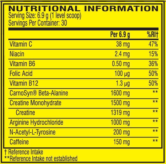 Nutritional information label with various vitamins and supplements on a yellow background