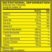 Nutritional information label with various vitamins and supplements on a yellow background