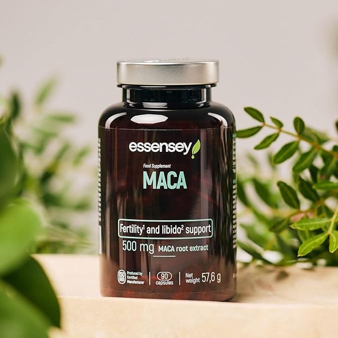 Essensey Maca Root Extract bottle, 90 vegan capsules, on a lifestyle background.