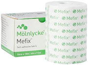 Mefix Medical Adhesive Soft Cloth Tape Roll & box, 10 cm x 10 m, on white background.