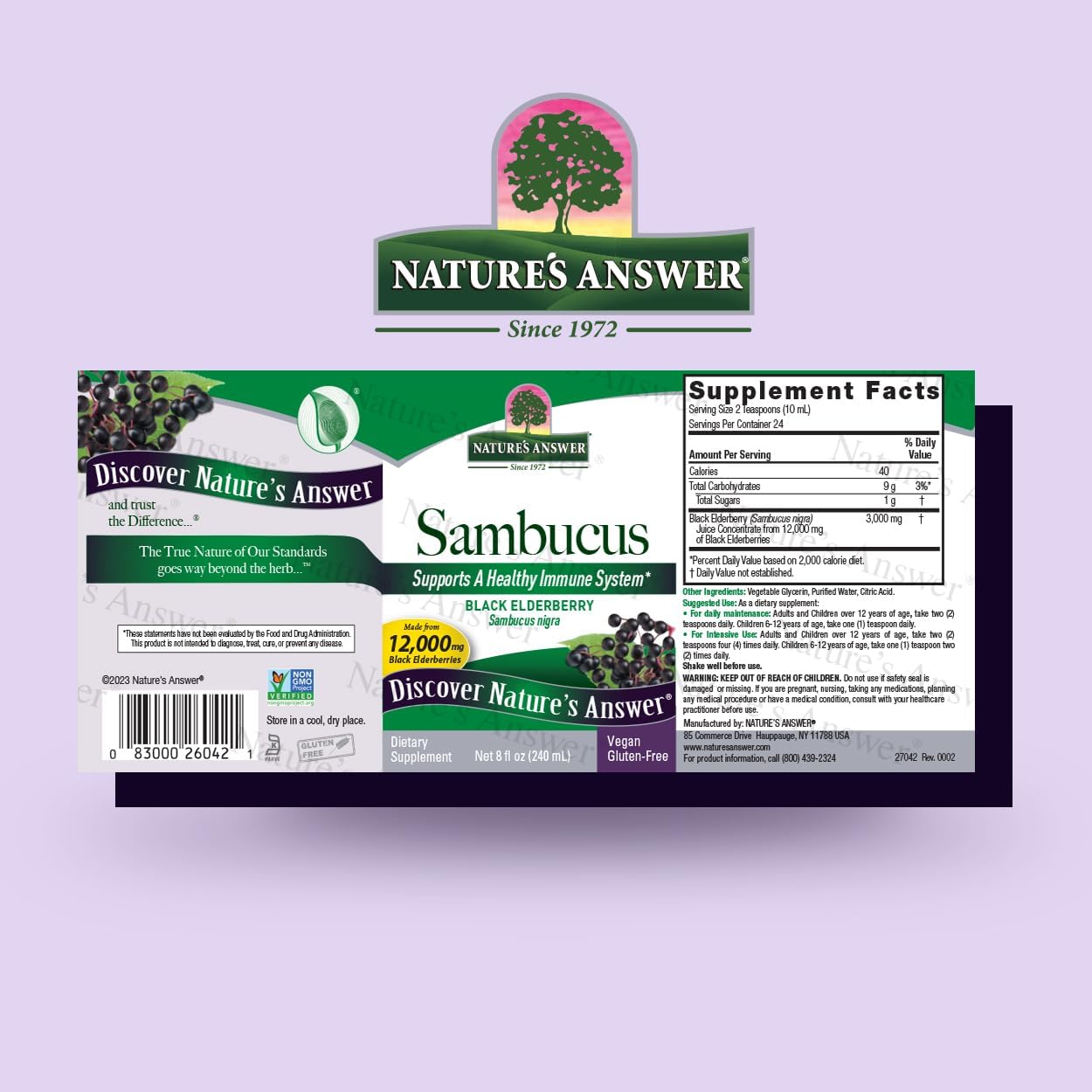Nature's Answer Sambucus supplement packaging on a light purple background