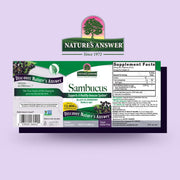 Nature's Answer Sambucus supplement packaging on a light purple background