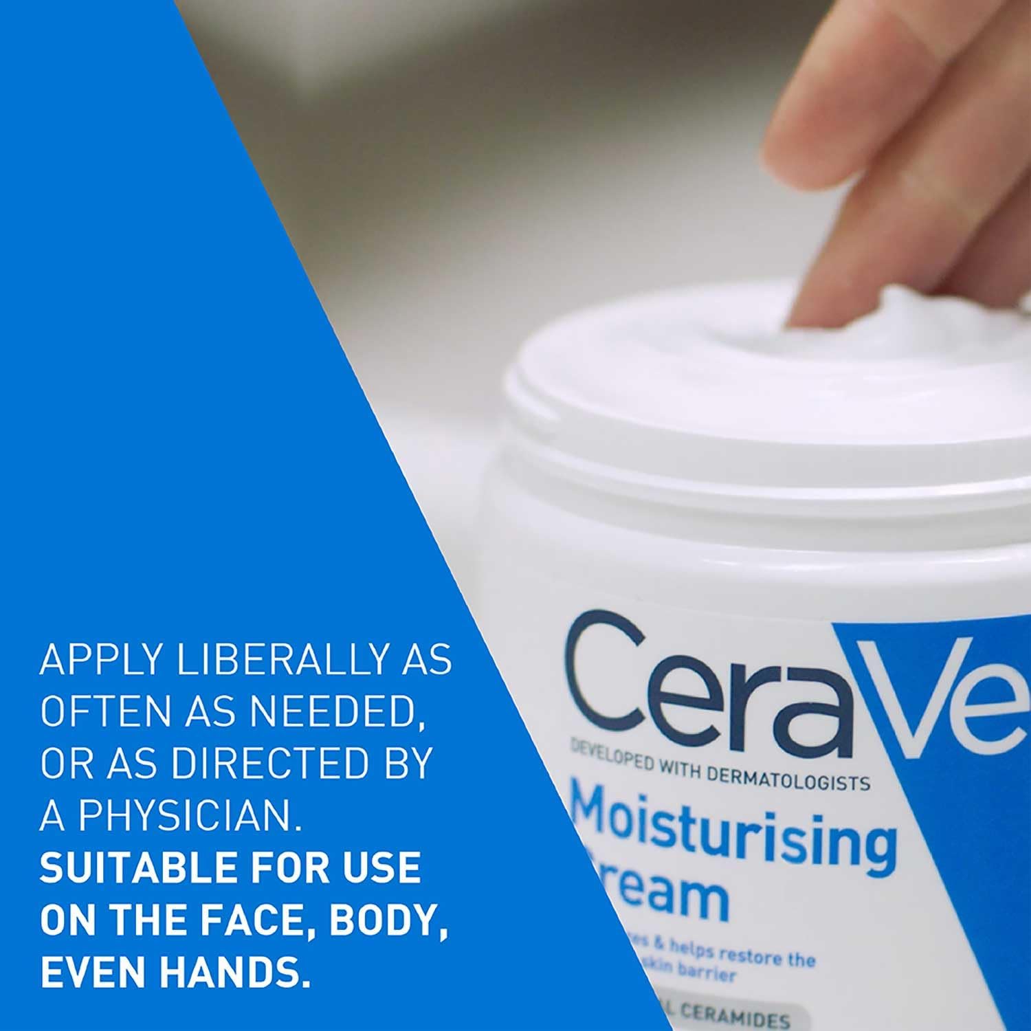 CeraVe Moisturising Cream usage instructions on face and body moisturiser tub 454g