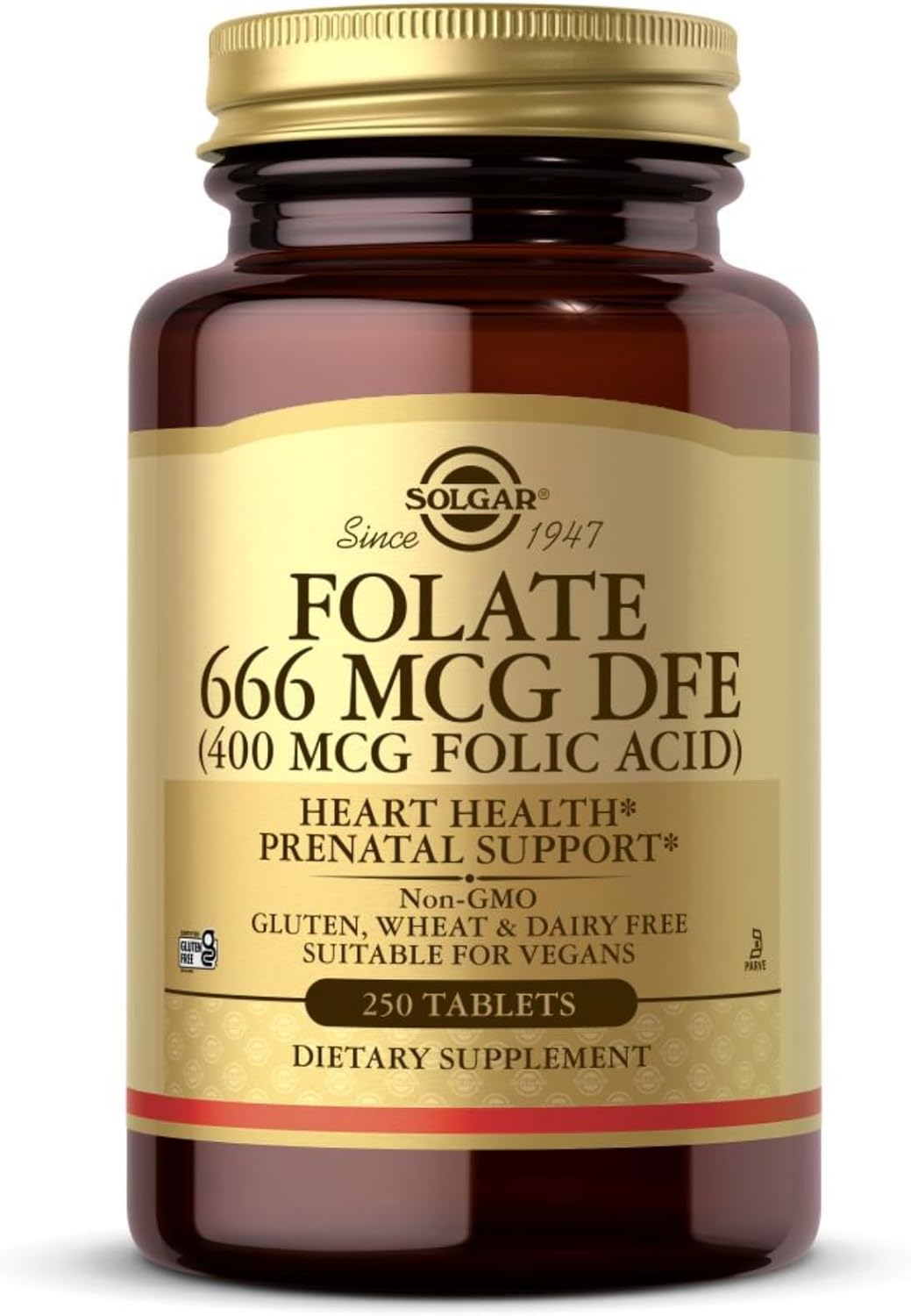 Front image: Solgar Folate 666mcg DFE folic acid tablets bottle 250 count vegetarian supplement