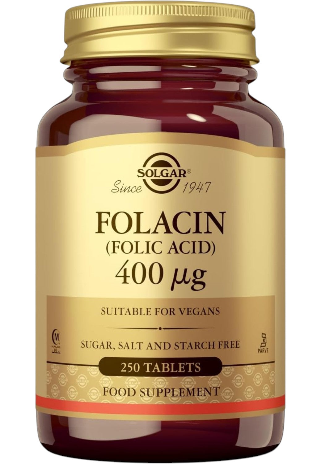 Solgar Folacin Folic Acid 400mcg 250 Tablets amber glass bottle