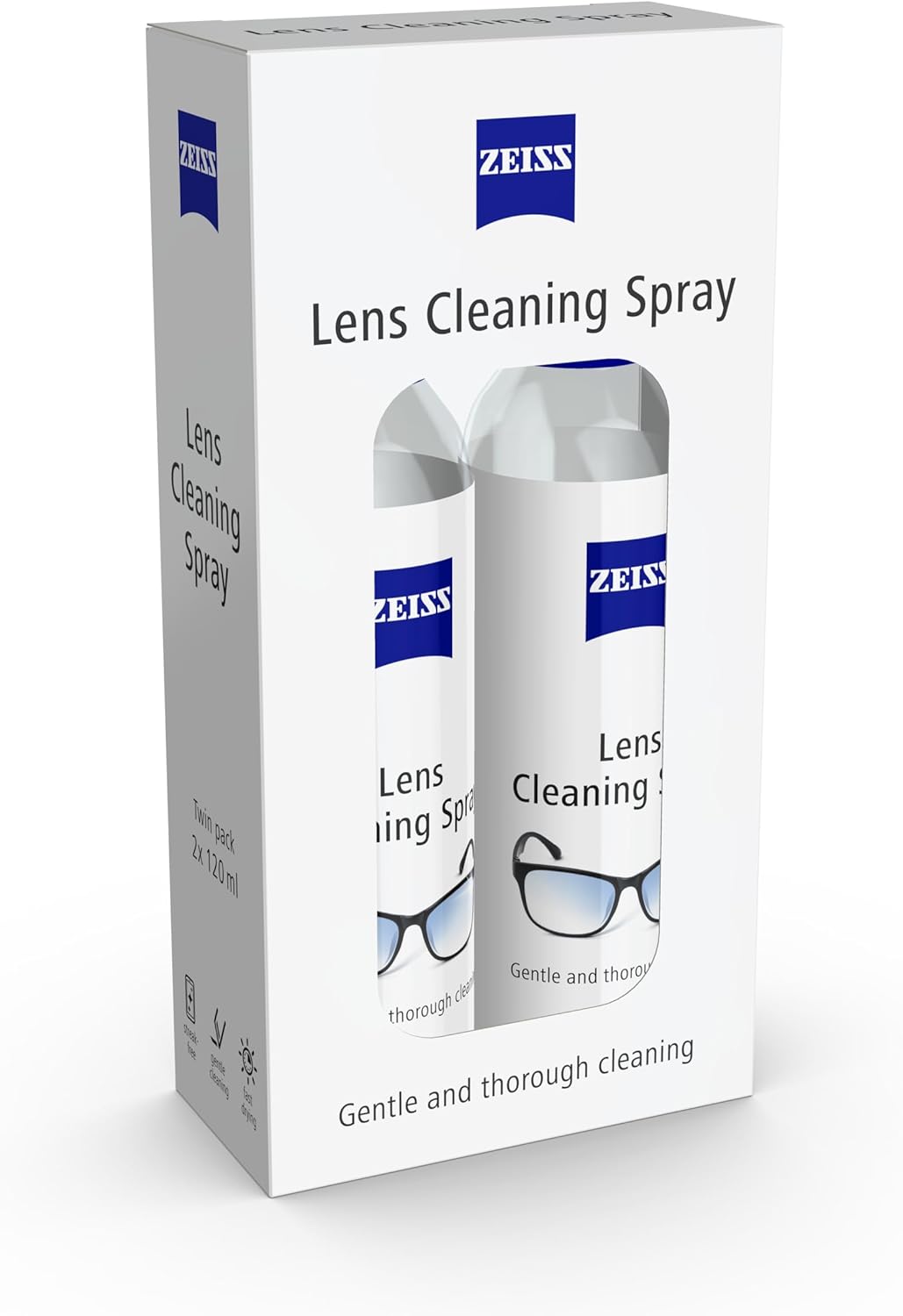 ZEISS Lens Cleaning Spray Twin Pack showing two 120ml bottles in packaging.