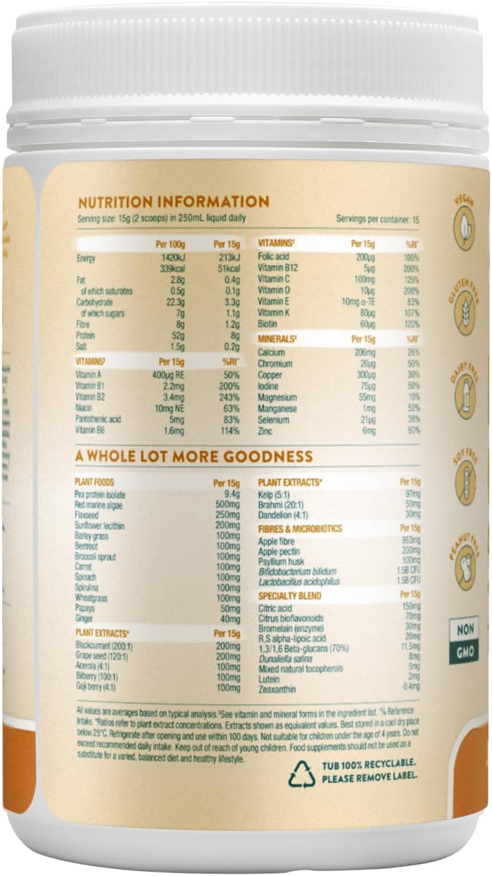 Back of Kids Good Stuff tub showing nutritional information and ingredients for children.