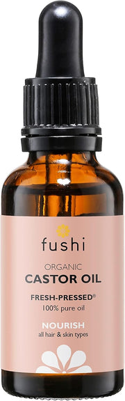 Fushi Organic Castor Oil bottle with dropper on a white background