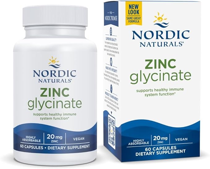 Nordic Naturals Zinc Glycinate 20mg, 60 vegan capsule bottle & box.