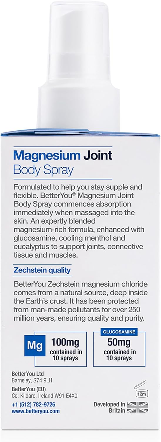 Label showing ingredients and details for BetterYou Magnesium Glucosamine Spray.
